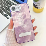 For iPhone 16e Plating Glitter Texture Fold Holder TPU Phone Case with Lens Film(Purple Tinfoil Texture)