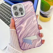 For iPhone 16e Plating Glitter Texture Fold Holder TPU Phone Case with Lens Film(White Shell Pattern)