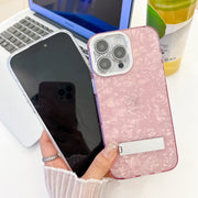 For iPhone 16e Plating Glitter Texture Fold Holder TPU Phone Case with Lens Film(Pink Feather Yarn)