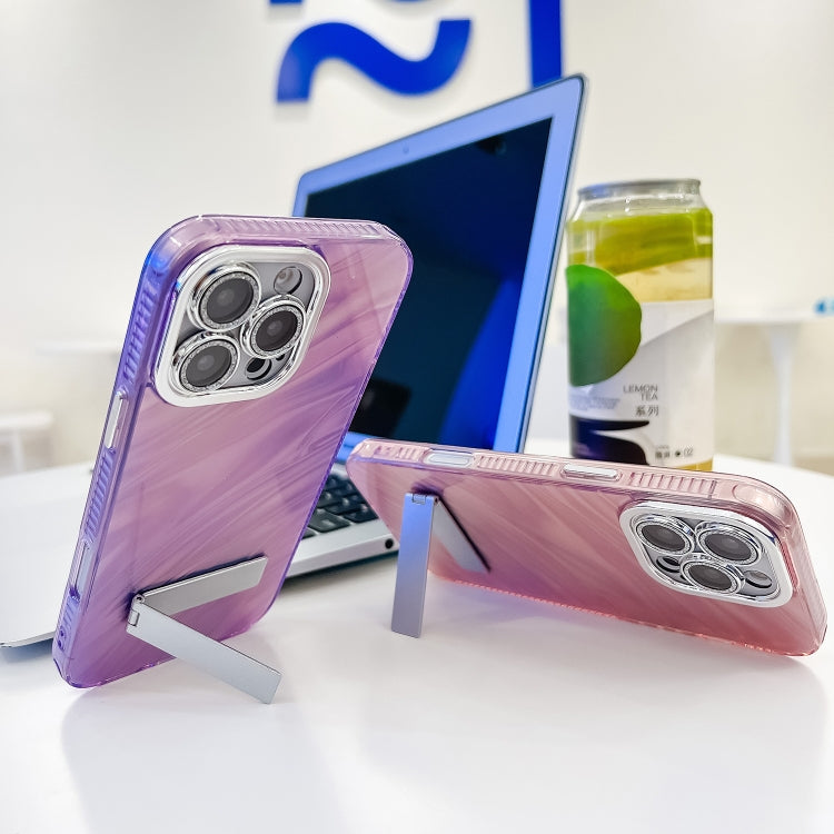 For iPhone 16e Plating Glitter Texture Fold Holder TPU Phone Case with Lens Film(Purple Tinfoil Texture) - iPhone 16e Cases by PMC TechLife | Online Shopping South Africa | PMC TechLife | Buy Now Pay Later Mobicred