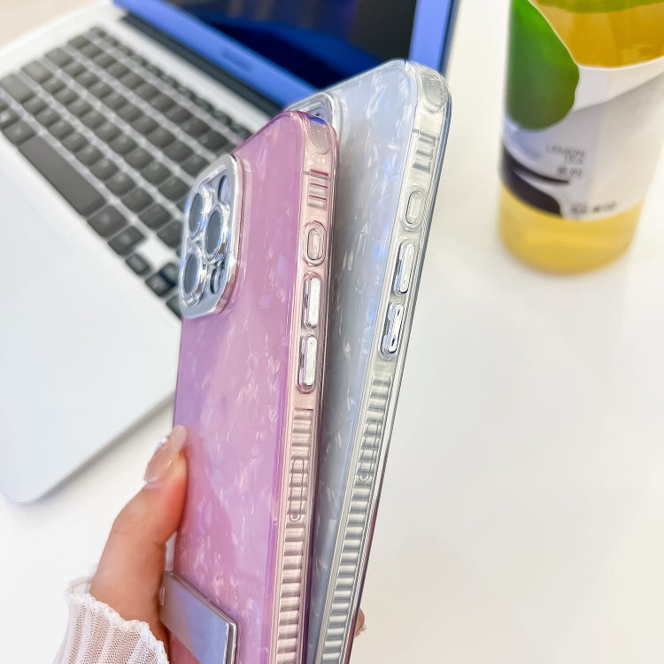 For iPhone 16e Plating Glitter Texture Fold Holder TPU Phone Case with Lens Film(Pink Tinfoil Texture) - iPhone 16e Cases by PMC TechLife | Online Shopping South Africa | PMC TechLife | Buy Now Pay Later Mobicred