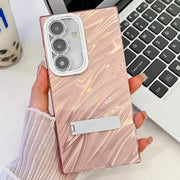 For Samsung Galaxy S25 5G Plating Glitter Texture Fold Holder TPU Phone Case with Lens Film(Pink Water Ripples)