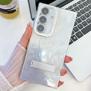 For Samsung Galaxy S25 5G Plating Glitter Texture Fold Holder TPU Phone Case with Lens Film(White Feather Yarn)