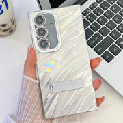 For Samsung Galaxy S25+ 5G Plating Glitter Texture Fold Holder TPU Phone Case with Lens Film(White Water Ripples)