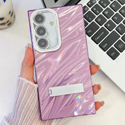 For Samsung Galaxy S25+ 5G Plating Glitter Texture Fold Holder TPU Phone Case with Lens Film(Purple Water Ripples)