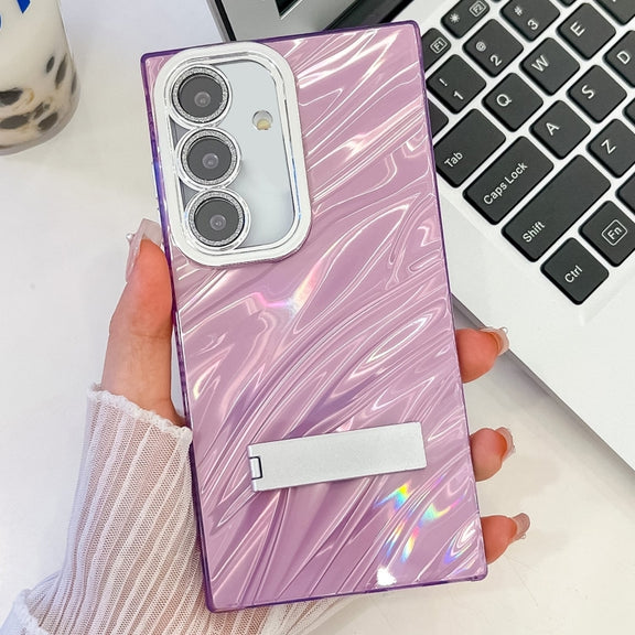 For Samsung Galaxy S25+ 5G Plating Glitter Texture Fold Holder TPU Phone Case with Lens Film(Purple Water Ripples)