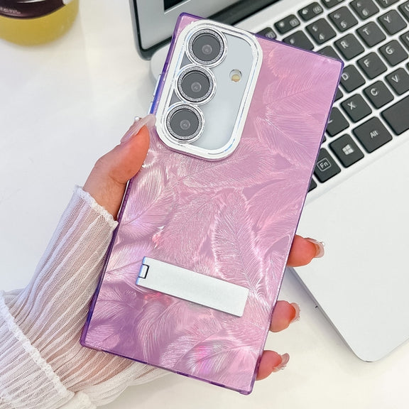 For Samsung Galaxy S25+ 5G Plating Glitter Texture Fold Holder TPU Phone Case with Lens Film(Purple Feathers)