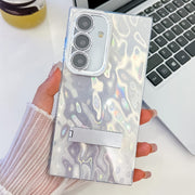 For Samsung Galaxy S25+ 5G Plating Glitter Texture Fold Holder TPU Phone Case with Lens Film(White Wrinkles)