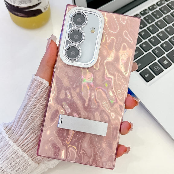 For Samsung Galaxy S25+ 5G Plating Glitter Texture Fold Holder TPU Phone Case with Lens Film(Pink Wrinkles)