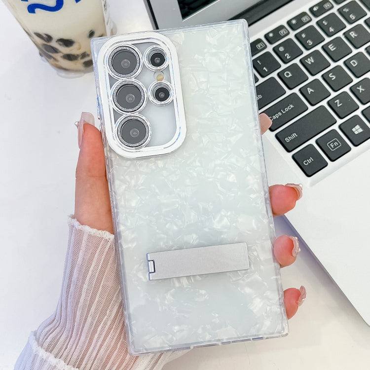 For Samsung Galaxy S25 Ultra 5G Plating Glitter Texture Fold Holder TPU Phone Case with Lens Film(White Shell Pattern) - Galaxy S25 Ultra 5G Cases by PMC Jewellery | Online Shopping South Africa | PMC Jewellery | Buy Now Pay Later Mobicred