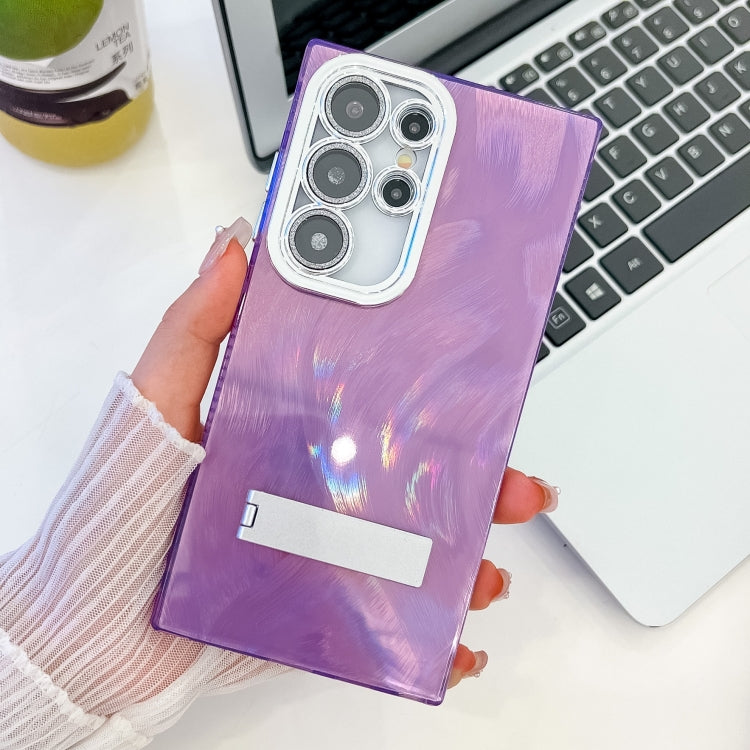 For Samsung Galaxy S25 Ultra 5G Plating Glitter Texture Fold Holder TPU Phone Case with Lens Film(Purple Feather Yarn) - Galaxy S25 Ultra 5G Cases by PMC Jewellery | Online Shopping South Africa | PMC Jewellery | Buy Now Pay Later Mobicred