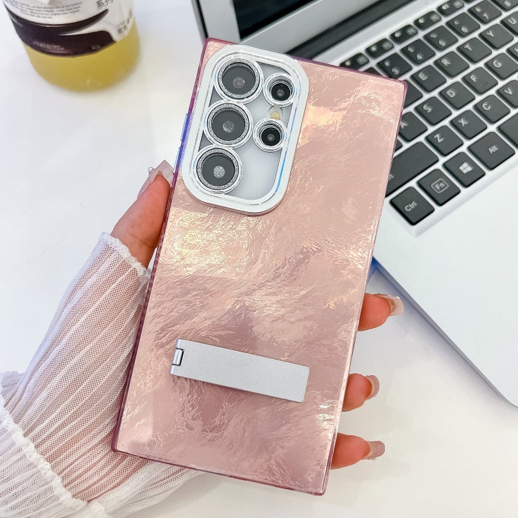 For Samsung Galaxy S25 Ultra 5G Plating Glitter Texture Fold Holder TPU Phone Case with Lens Film(Pink Tinfoil Texture) - Galaxy S25 Ultra 5G Cases by PMC Jewellery | Online Shopping South Africa | PMC Jewellery | Buy Now Pay Later Mobicred