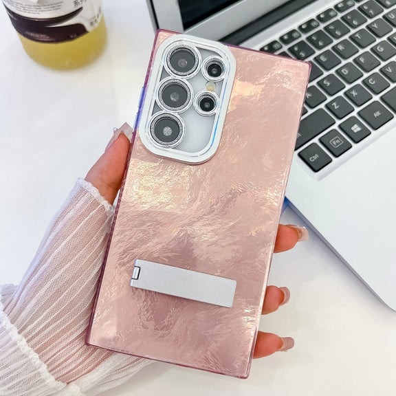 For Samsung Galaxy S25 Ultra 5G Plating Glitter Texture Fold Holder TPU Phone Case with Lens Film(Pink Tinfoil Texture)