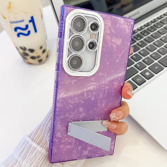 For Samsung Galaxy S25 Ultra 5G Plating Glitter Texture Fold Holder TPU Phone Case with Lens Film(White Tinfoil Texture)