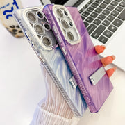 For Samsung Galaxy S25 Ultra 5G Plating Glitter Texture Fold Holder TPU Phone Case with Lens Film(White Tinfoil Texture)