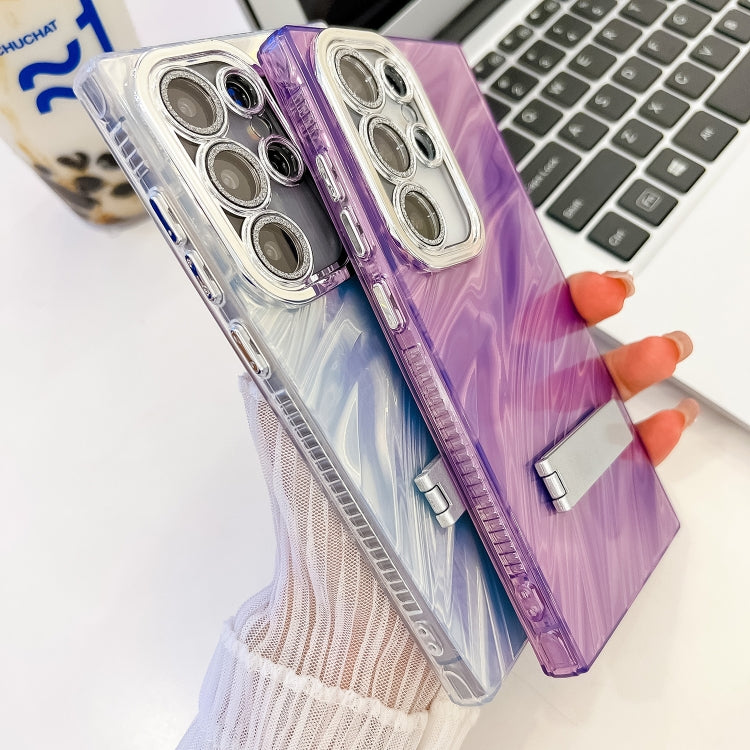 For Samsung Galaxy S25 Ultra 5G Plating Glitter Texture Fold Holder TPU Phone Case with Lens Film(White Tinfoil Texture)