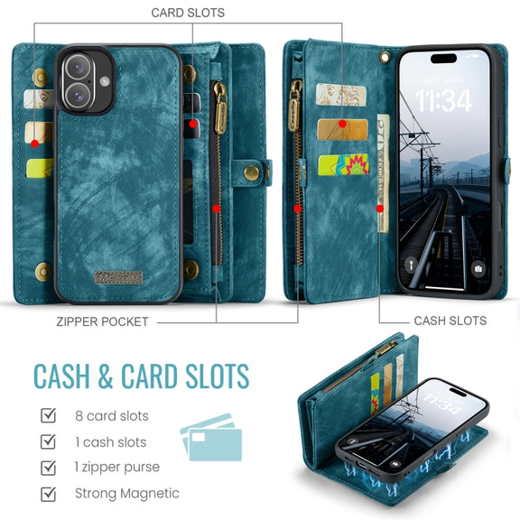 For iPhone 16 Plus CaseMe 008 Detachable Multifunctional Leather Phone Case(Blue)