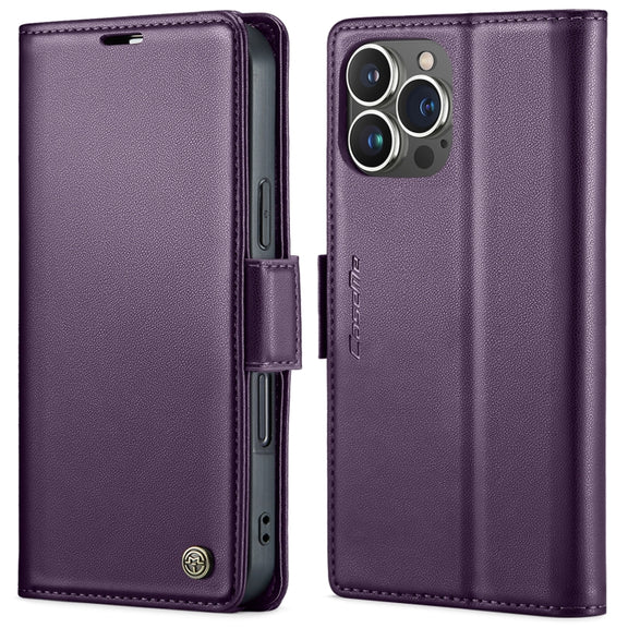 For iPhone 16 Pro Max CaseMe 023 Butterfly Buckle Litchi Texture RFID Anti-theft Leather Phone Case(Purple)