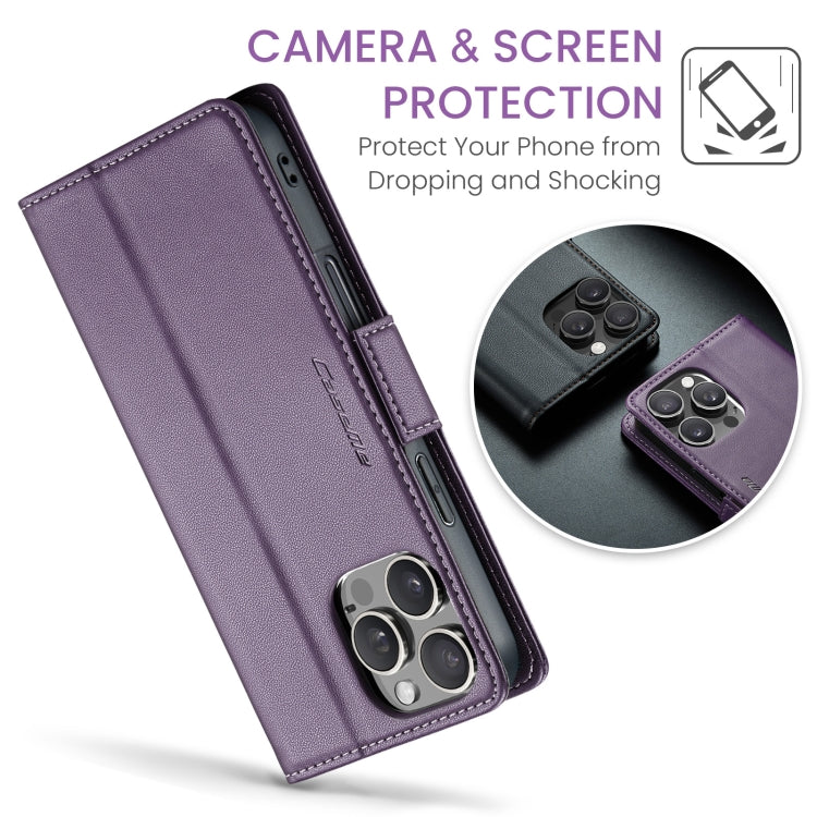 For iPhone 16 Pro Max CaseMe 023 Butterfly Buckle Litchi Texture RFID Anti-theft Leather Phone Case(Purple)