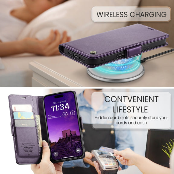 For iPhone 16 Pro Max CaseMe 023 Butterfly Buckle Litchi Texture RFID Anti-theft Leather Phone Case(Purple)