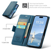 For iPhone 16 Pro Max CaseMe 023 Butterfly Buckle Litchi Texture RFID Anti-theft Leather Phone Case(Blue)