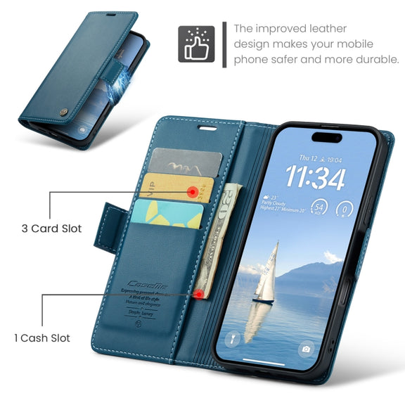 For iPhone 16 Pro Max CaseMe 023 Butterfly Buckle Litchi Texture RFID Anti-theft Leather Phone Case(Blue)