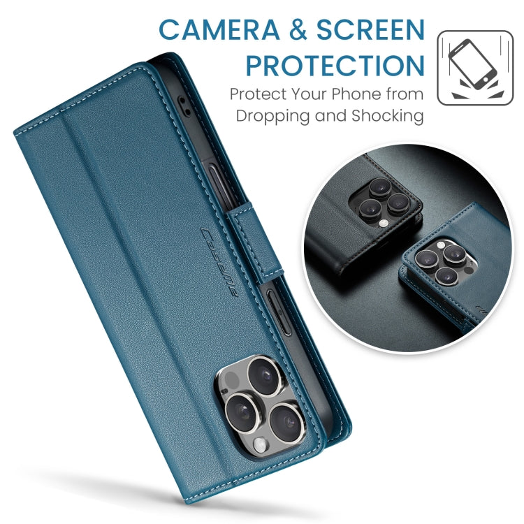 For iPhone 16 Pro Max CaseMe 023 Butterfly Buckle Litchi Texture RFID Anti-theft Leather Phone Case(Blue)