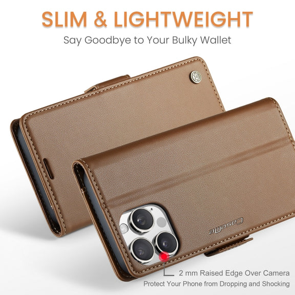 For iPhone 16 Pro Max CaseMe 023 Butterfly Buckle Litchi Texture RFID Anti-theft Leather Phone Case(Brown)