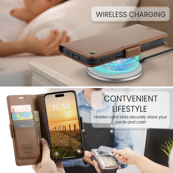 For iPhone 16 Pro Max CaseMe 023 Butterfly Buckle Litchi Texture RFID Anti-theft Leather Phone Case(Brown)