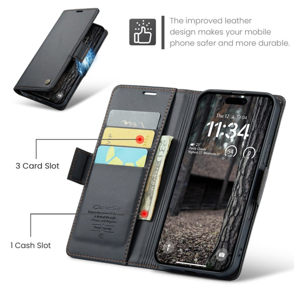 For iPhone 16 Pro Max CaseMe 023 Butterfly Buckle Litchi Texture RFID Anti-theft Leather Phone Case(Black)