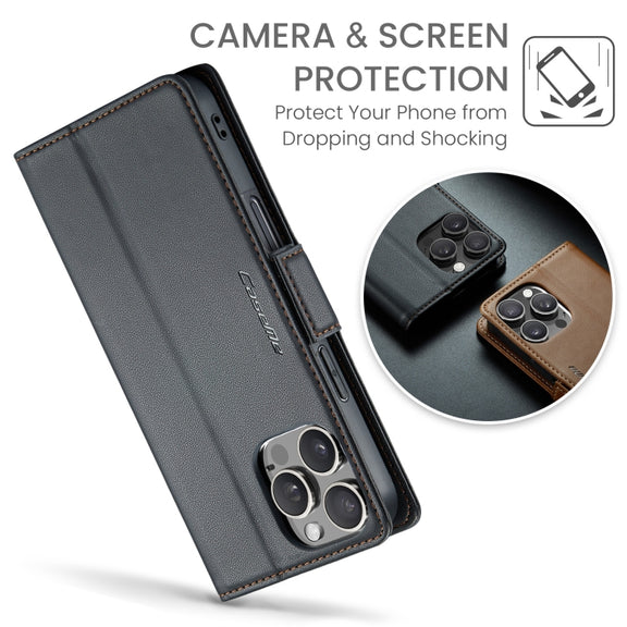 For iPhone 16 Pro Max CaseMe 023 Butterfly Buckle Litchi Texture RFID Anti-theft Leather Phone Case(Black)