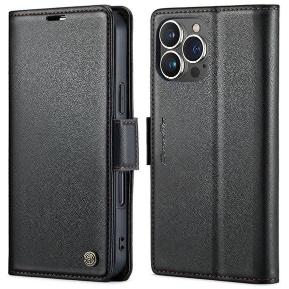 For iPhone 16 Pro Max CaseMe 023 Butterfly Buckle Litchi Texture RFID Anti-theft Leather Phone Case(Black)