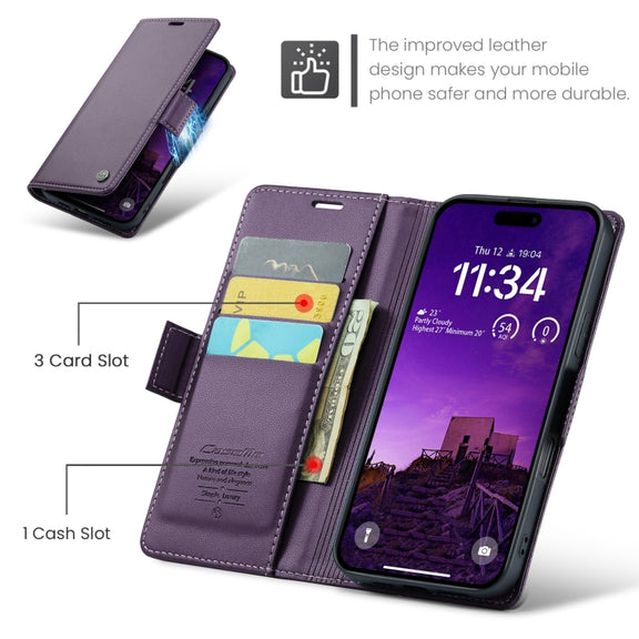 For iPhone 16 Pro CaseMe 023 Butterfly Buckle Litchi Texture RFID Anti-theft Leather Phone Case(Purple)