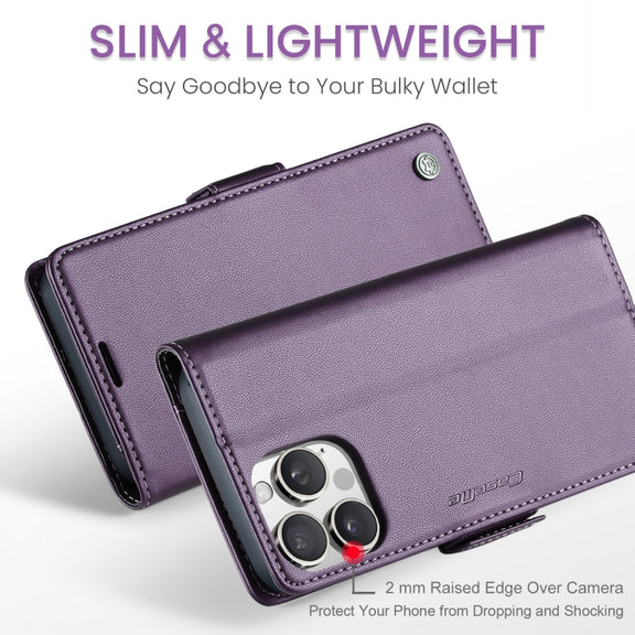 For iPhone 16 Pro CaseMe 023 Butterfly Buckle Litchi Texture RFID Anti-theft Leather Phone Case(Purple)