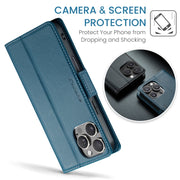 For iPhone 16 Pro CaseMe 023 Butterfly Buckle Litchi Texture RFID Anti-theft Leather Phone Case(Blue)