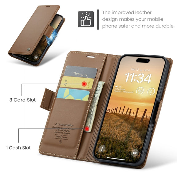 For iPhone 16 Pro CaseMe 023 Butterfly Buckle Litchi Texture RFID Anti-theft Leather Phone Case(Brown)