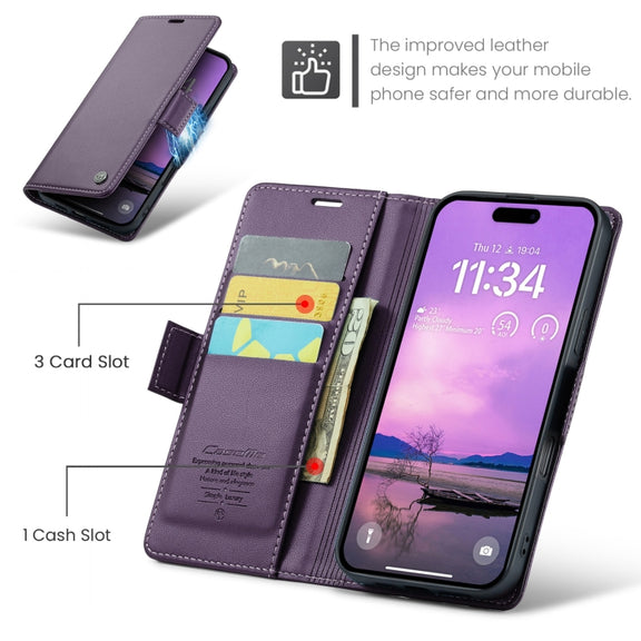 For iPhone 16 CaseMe 023 Butterfly Buckle Litchi Texture RFID Anti-theft Leather Phone Case(Purple)