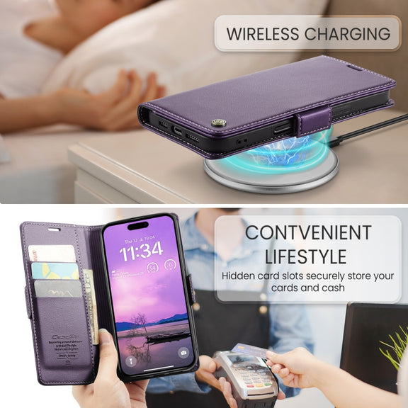 For iPhone 16 CaseMe 023 Butterfly Buckle Litchi Texture RFID Anti-theft Leather Phone Case(Purple)