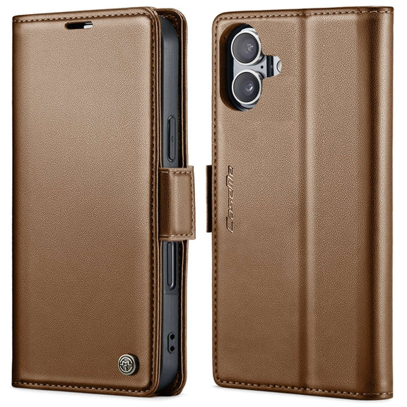 For iPhone 16 Plus CaseMe 023 Butterfly Buckle Litchi Texture RFID Anti-theft Leather Phone Case(Brown)