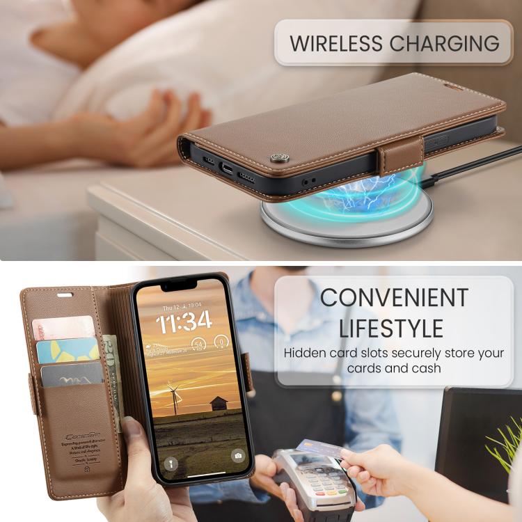For iPhone 16e CaseMe 023 Butterfly Buckle Litchi Texture RFID Anti-theft Leather Phone Case(Brown) - iPhone 16e Cases by CaseMe | Online Shopping South Africa | PMC TechLife | Buy Now Pay Later Mobicred