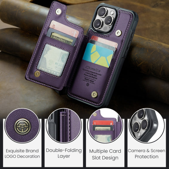 For iPhone 16 Pro Max CaseMe C22 Card Slots Holder RFID Anti-theft Phone Case(Purple)