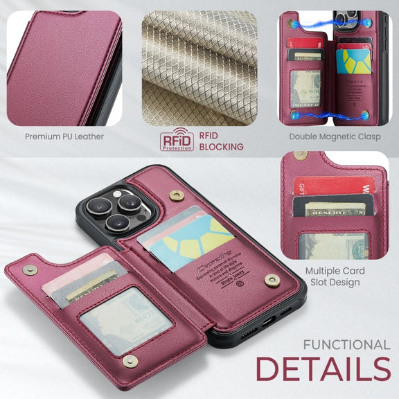 For iPhone 16 Pro Max CaseMe C22 Card Slots Holder RFID Anti-theft Phone Case(Red)