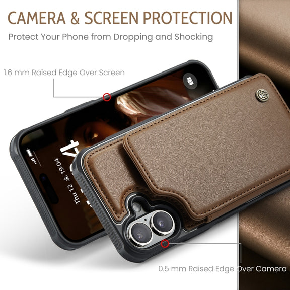 For iPhone 16 CaseMe C22 Card Slots Holder RFID Anti-theft Phone Case(Brown)