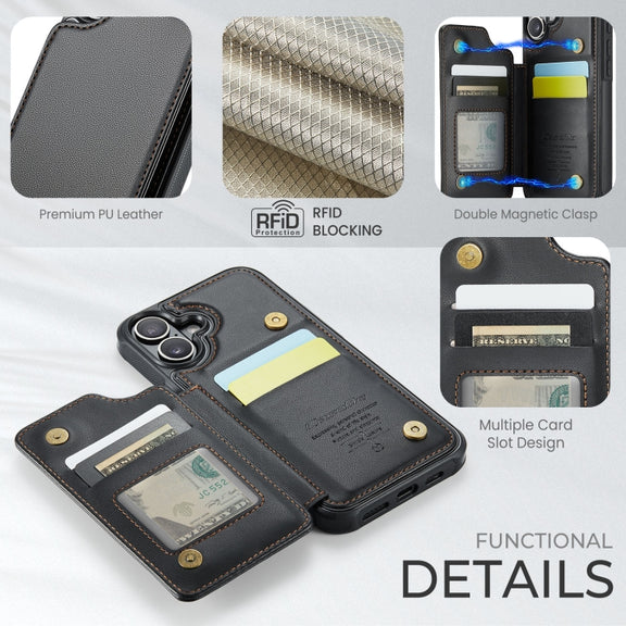 For iPhone 16 CaseMe C22 Card Slots Holder RFID Anti-theft Phone Case(Black)