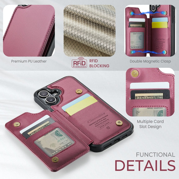 For iPhone 16 CaseMe C22 Card Slots Holder RFID Anti-theft Phone Case(Red)