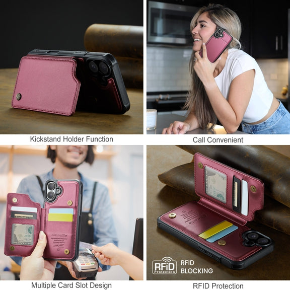 For iPhone 16 CaseMe C22 Card Slots Holder RFID Anti-theft Phone Case(Red)
