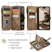 For iPhone 16 Pro Max CaseMe C30 Card Slots Zipper Wallet Leather Phone Case(Brown)