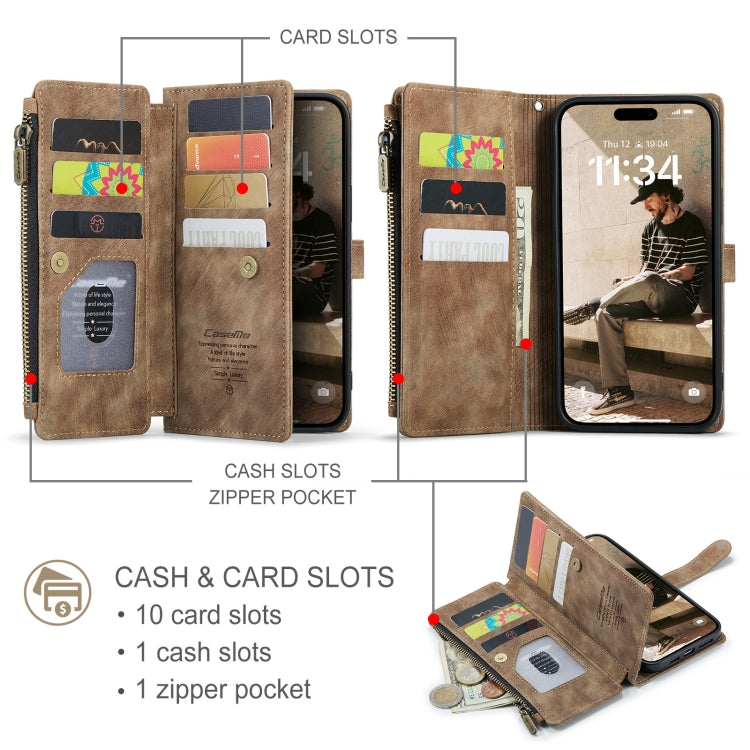 For iPhone 16 Pro Max CaseMe C30 Card Slots Zipper Wallet Leather Phone Case(Brown)