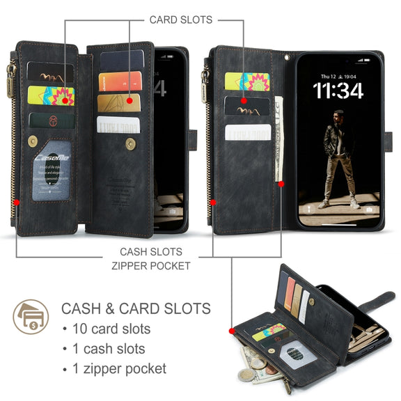 For iPhone 16 Pro Max CaseMe C30 Card Slots Zipper Wallet Leather Phone Case(Black)