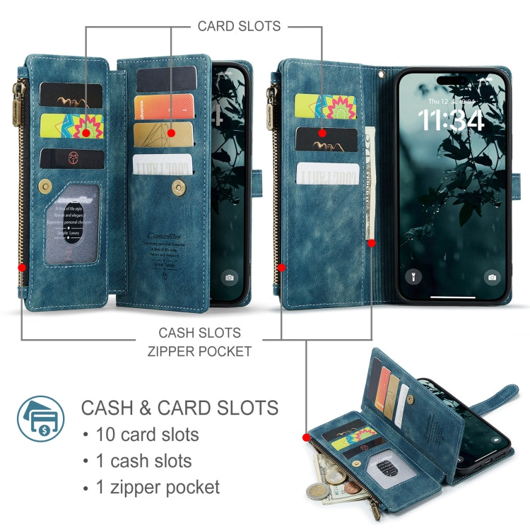 For iPhone 16 Plus CaseMe C30 Card Slots Zipper Wallet Leather Phone Case(Blue)